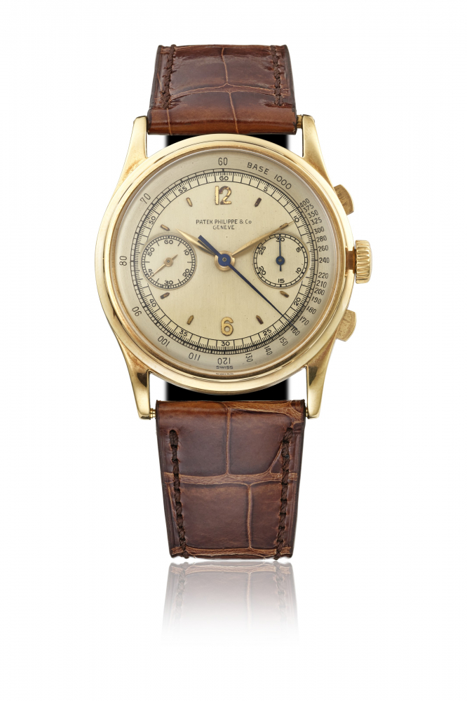 PATEK PHILIPPE. A VERY RARE AND EXTREMELY ATTRACTIVE 18K GOLD CHRONOGRPAH WRISTWATCH WITH TACHOMETER SCALE