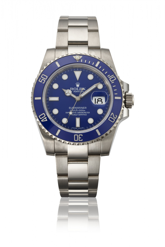 ROLEX. A 18K WHITE GOLD AUTOMATIQUE WRISTWATCH WITH SWEEP CENTRE SECONDS, DATE, BRACELET, GUARANTEE AND BOX