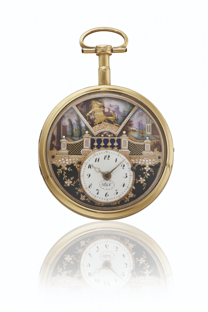 ROBERT & COURVOISIER. A FINE, RARE AND ATTRACTIVE 18K GOLD AND ENAMEL CYLINDER WATCH WITH FOUR AUTOMATON SCENES