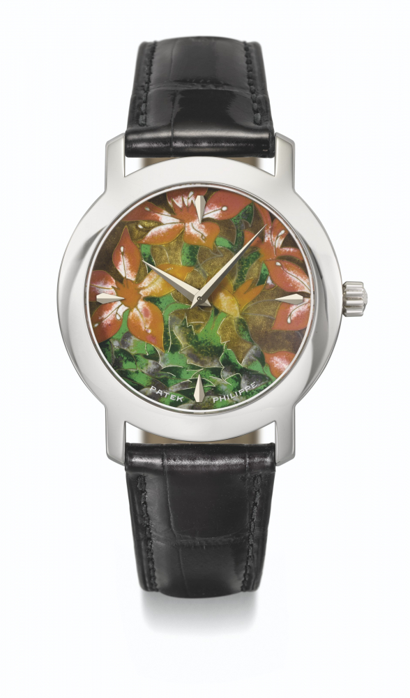 PATEK PHILIPPE. A VERY RARE 18K WHITE GOLD AUTOMATIC WRISTWATCH WITH PINK FLOWERS CLOISONNE ENAMEL DIAL, CERTIFICATE OF ORIGIN AND BOX