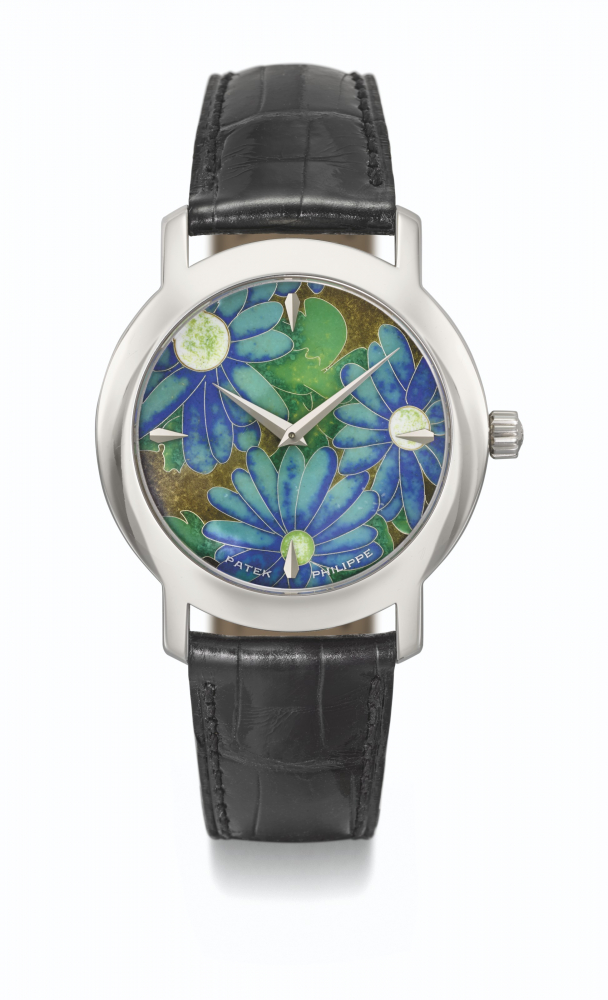 PATEK PHILIPPE. A VERY RARE AND ATTRACTIVE 18K WHITE GOLD AUTOMATIC WRISTWATCH WITH BLUE FLOWERS CLOISONNE ENAMEL DIAL, CERTIFICATE OF ORIGIN AND BOX
