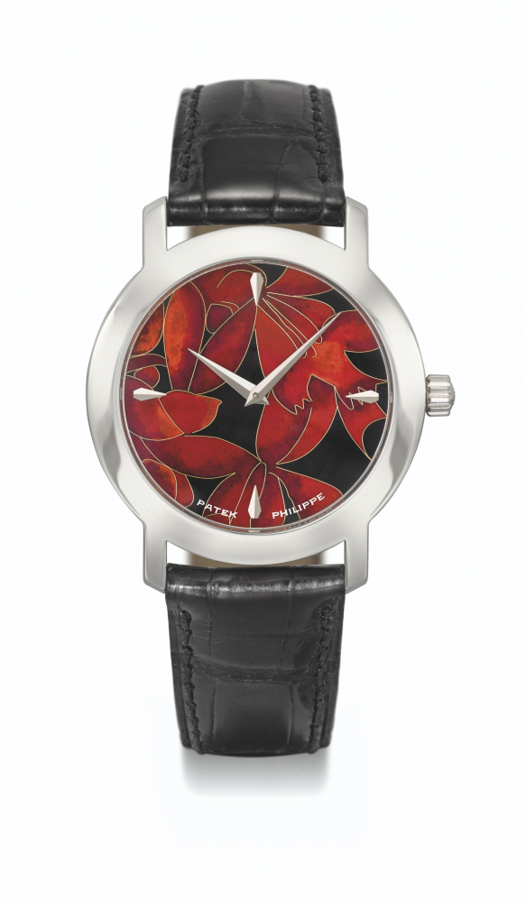 PATEK PHILIPPE. A VERY RARE 18K WHITE GOLD AUTOMATIC WRISTWATCH WITH RED FLOWERS CLOISONNE ENAMEL DIAL, CERTIFICATE OF ORIGIN AND BOX