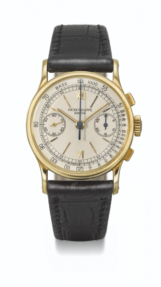 PATEK PHILIPPE. A VERY RARE 18K GOLD CHRONOGRAPH WRISTWATCH