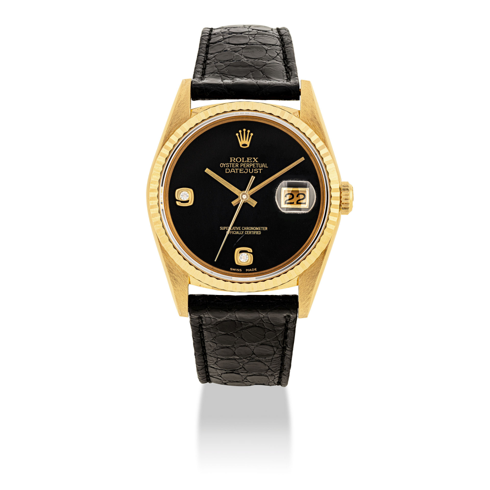 ROLEX, GOLD AND DIAMONDS DATE JUST WITH ONYX DIAL, REF. 16238 -