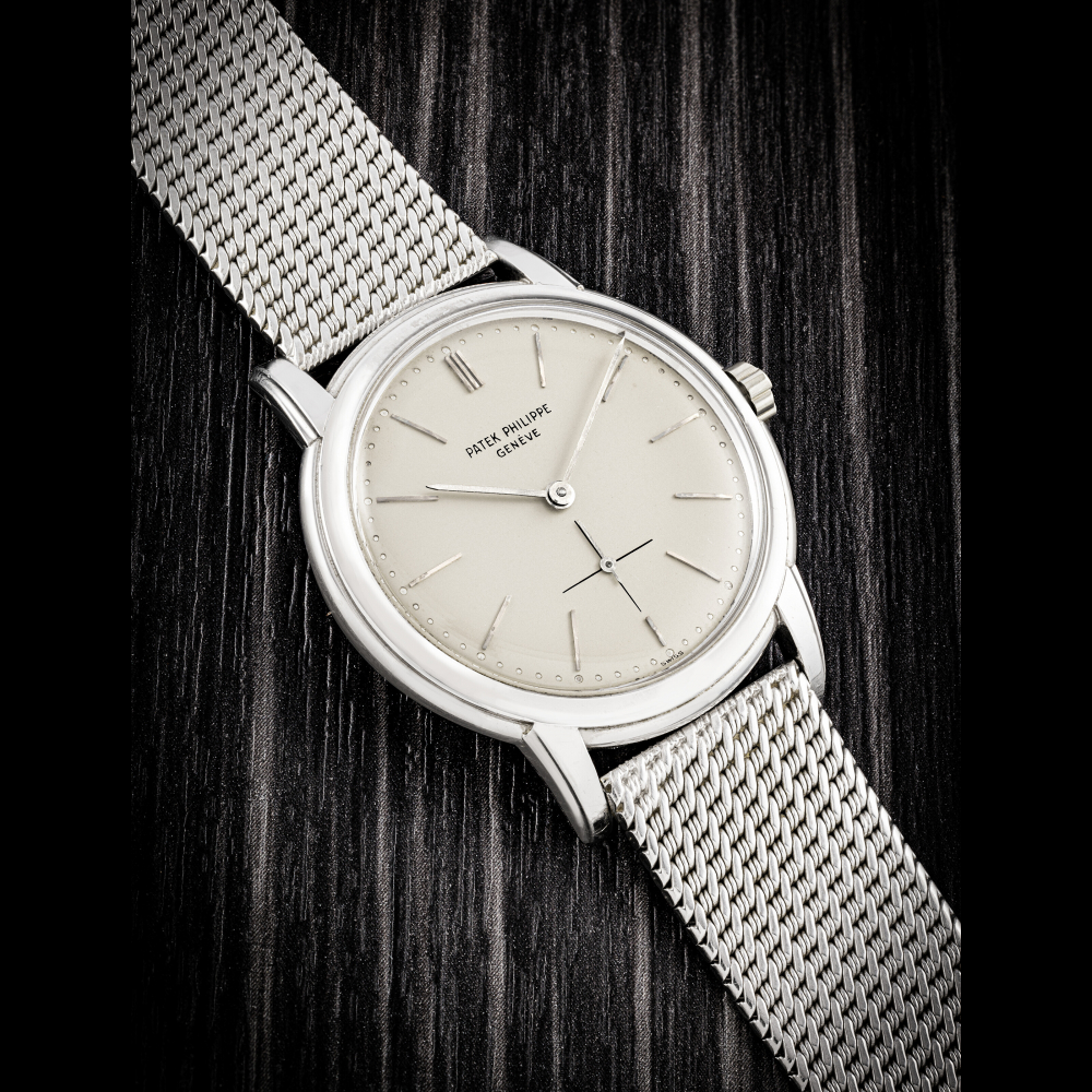 PATEK PHILIPPE. A VERY RARE 18K WHITE GOLD AUTOMATIC WRISTWATCH WITH BRACELET