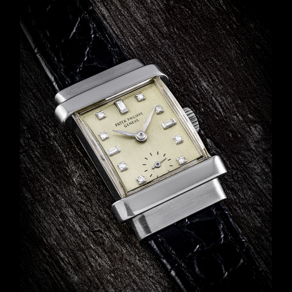 PATEK PHILIPPE. A RARE AND ELEGANT PLATINUM AND DIAMOND-SET RECTANGULAR WRISTWATCH