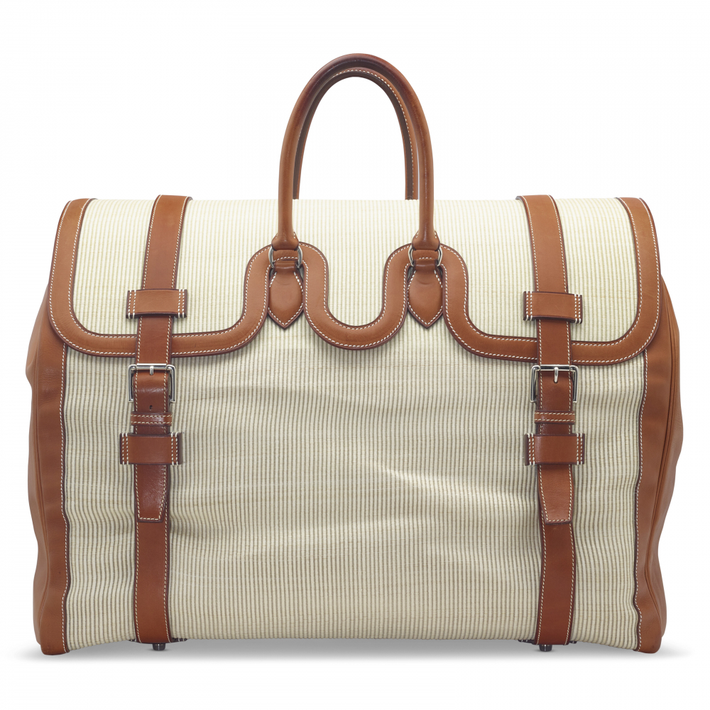 A BARÉNIA LEATHER & BEIGE CRINOLINE TRAVEL DRAG 57 WITH PALLADIUM HARDWARE - HERMÈS