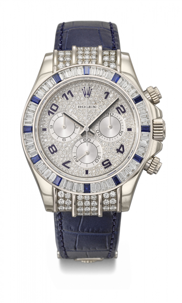 ROLEX. A SUPERB AND ATTRACTIVE 18K WHITE GOLD, DIAMOND AND SAPPHIRE-SET AUTOMATIC CHRONOGRAPH WRISTWATCH