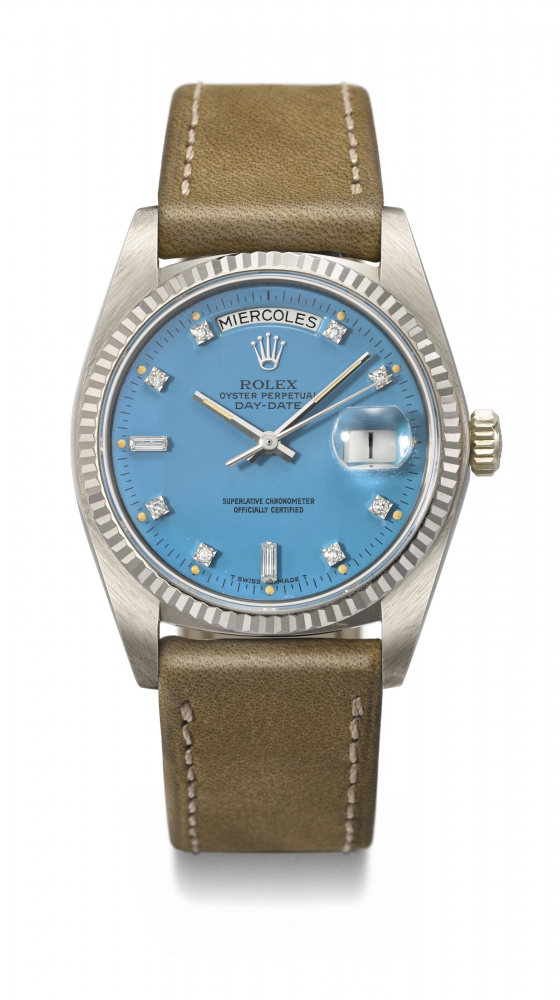 ROLEX. AN EXTREMELY RARE AND HIGHLY ATTRACTIVE 18K WHITE GOLD AND DIAMOND-SET AUTOMATIC WRISTWATCH WITH SWEEP CENTRE SECONDS, DAY, DATE AND BLUE LACQUERED 'STELLA' DIAL