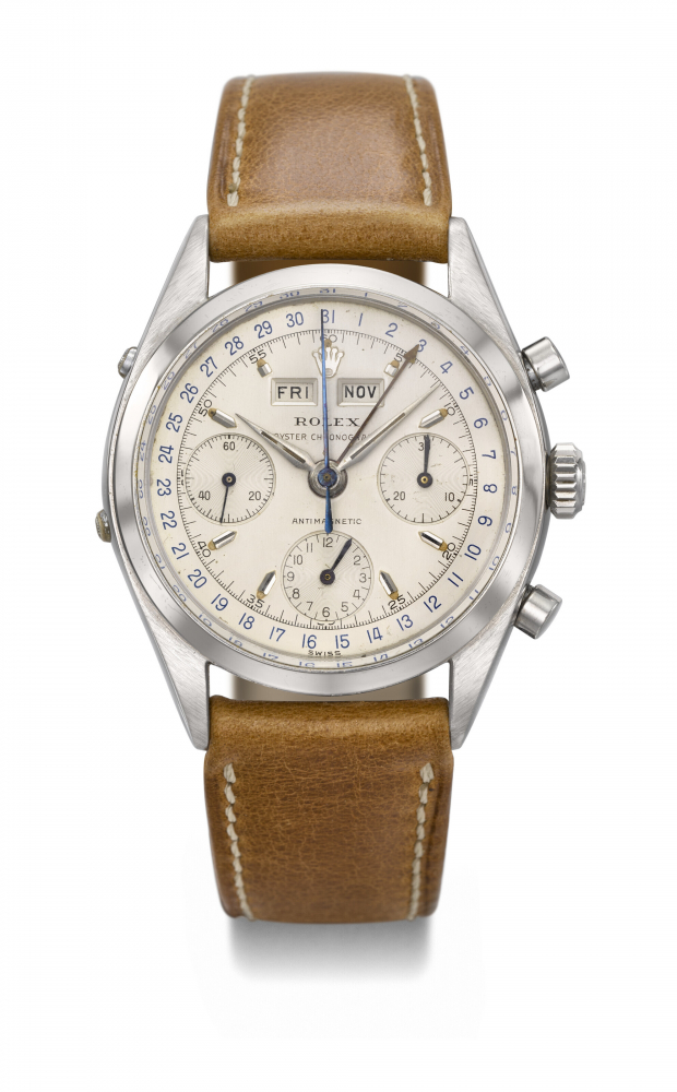 ROLEX. AN EXTREMELY RARE AND SUPERBLY WELL PRESERVED STAINLESS STEEL CHRONOGRAPH TRIPLE CALENDAR WRISTWATCH