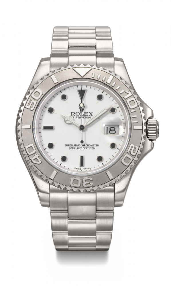 ROLEX. AN EXTREMELY RARE STAINLESS STEEL AND PLATINUM AUTOMATIC WRISTWATCH WITH SWEEP CENTRE SECONDS, DATE, BRACELET AND PROTOTYPE DIAL WITHOUT ‘YACHT-MASTER’ DESIGNATION