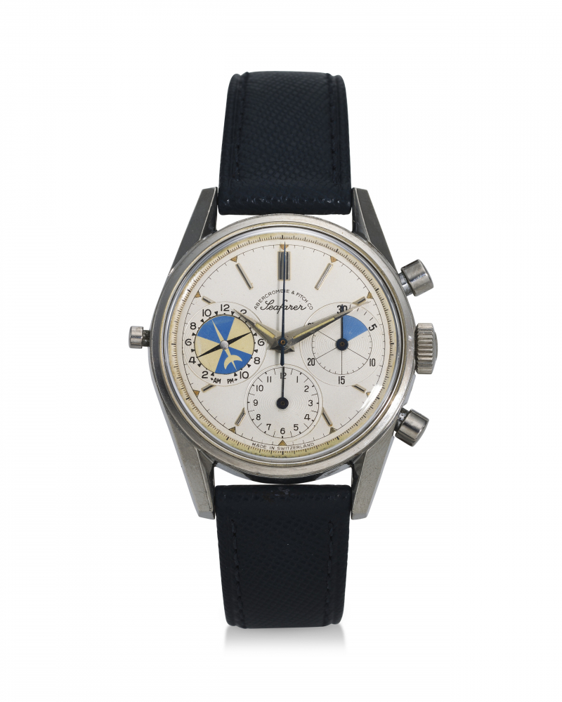 HEUER, RETAILED BY ABERCROMBIE & FITCH CO., REF. 2447, SEAFARER, A RARE STEEL CHRONOGRAPH WRISTWATCH WITH TIDE INDICATION AND REGATTA COUNTDOWN