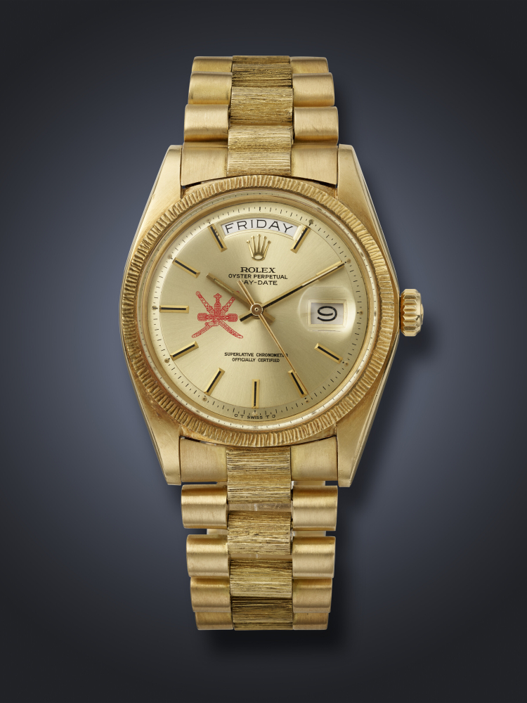 ROLEX, RARE YELLOW GOLD 'DAY-DATE', WITH RED KHANJAR SYMBOL, REF. 1807