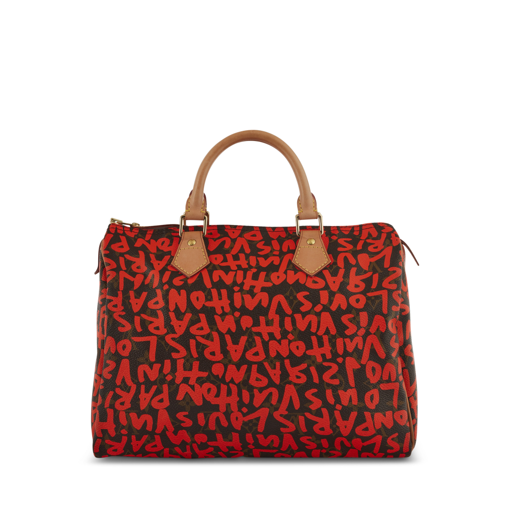 A LIMITED EDITION ORANGE GRAFFITI MONOGRAM CANVAS & NATURAL LEATHER SPEEDY 30 WITH GOLD HARDWARE BY STEPHEN SPROUSE
