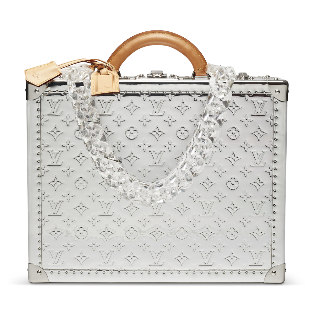 A FALL/WINTER RUNWAY METALLIC SILVER MIRROR MONOGRAM & CALFSKIN COTTEVILLE TRUNK 45 WITH SILVER HARDWARE BY VIRGIL ABLOH