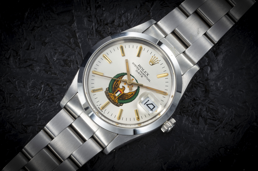 ROLEX, OYSTER PERPETUAL DATE REF. 1500, A STEEL AUTOMATIC WRISTWATCH MADE FOR UAE ARMED FORCES 