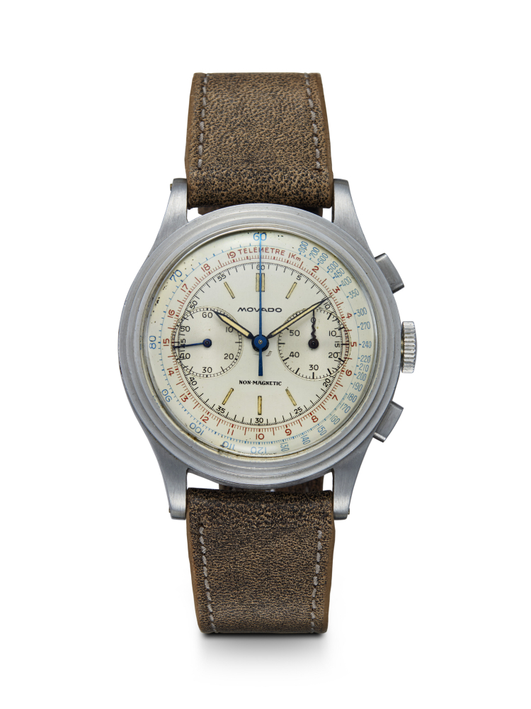 MOVADO, AN ATTRACTIVE STAINLESS STEEL MULTI-SCALE CHRONOGRAPH WRISTWATCH