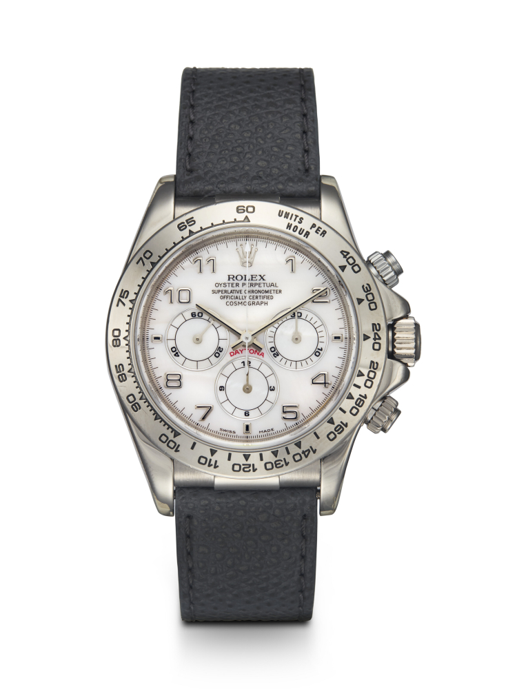ROLEX, DAYTONA REF. 16519, A RARE WHITE GOLD AUTOMATIC CHRONOGRAPH WITH MOTHER OF PEARL DIAL