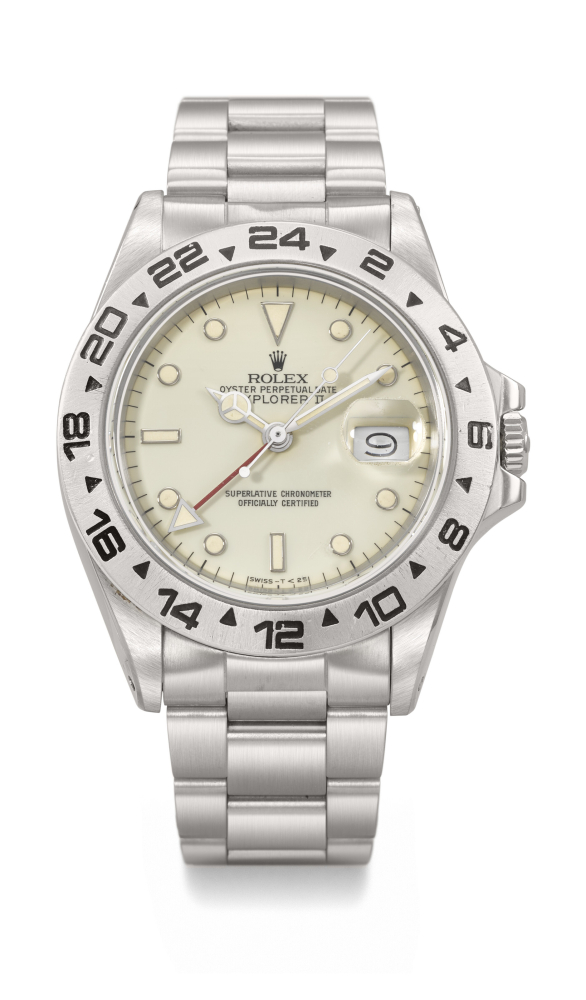 ROLEX. A RARE AND CHARMING STAINLESS STEEL AUTOMATIC DUAL TIME WRISTWATCH WITH SWEEP CENTRE SECONDS, DATE, 24 HOUR HAND, 'CREAM' DIAL AND BRACELET