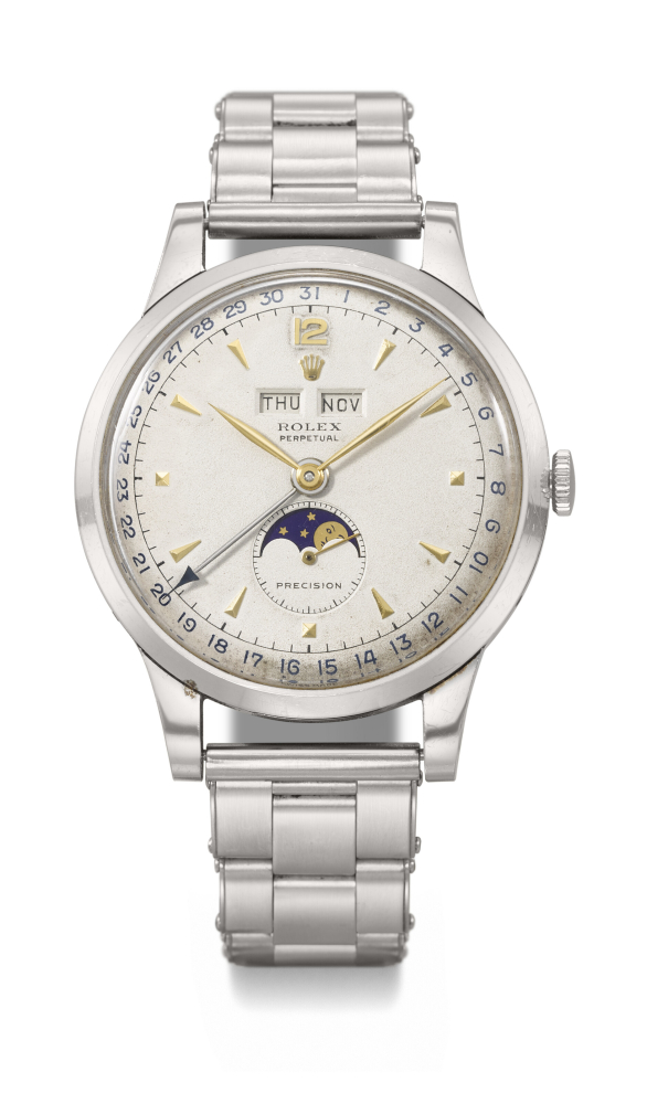 ROLEX. A VERY RARE AND HIGHLY ATTRACTIVE STAINLESS STEEL AUTOMATIC TRIPLE CALENDAR WRISTWATCH WITH MOON PHASES