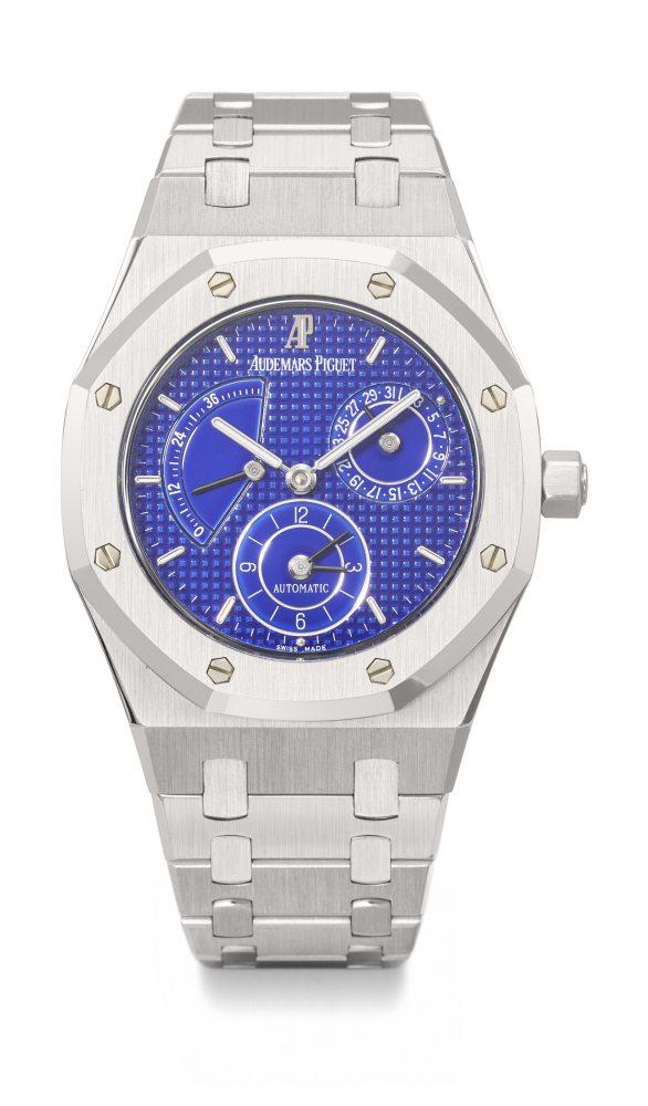 AUDEMARS PIGUET. A VERY RARE AND COVETED STAINLESS STEEL AUTOMATIC DUAL TIME WRISTWATCH WITH DATE, POWER RESERVE, 'SAPPHIRE BLUE' DIAL AND BRACELET