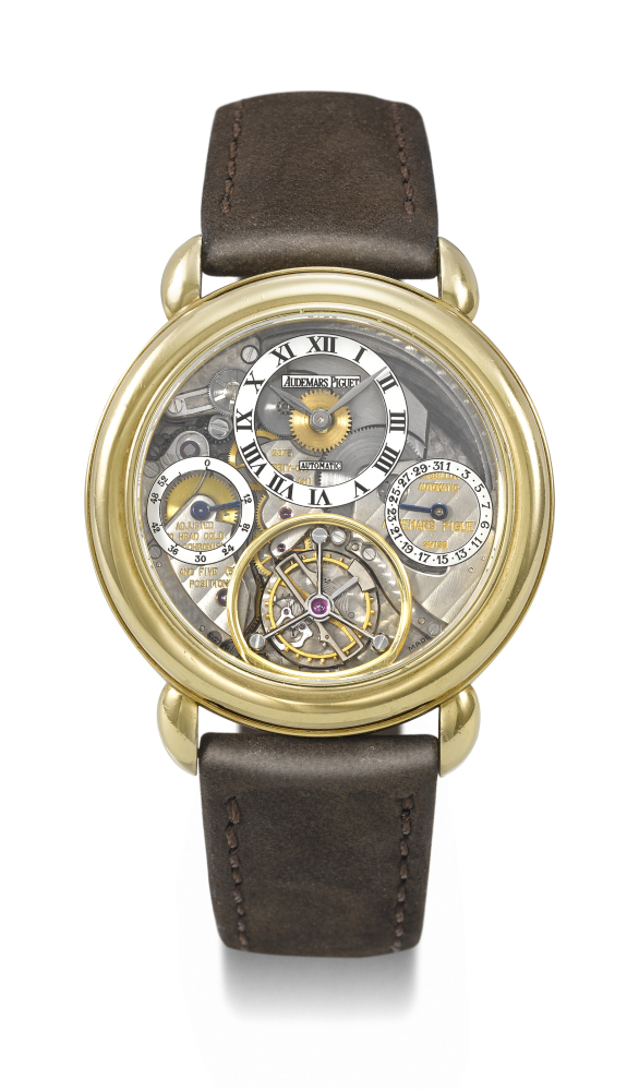 AUDEMARS PIGUET. A VERY RARE 18K GOLD AUTOMATIC SKELETONIZED TOURBILLON WRISTWATCH WITH DATE AND POWER RESERVE