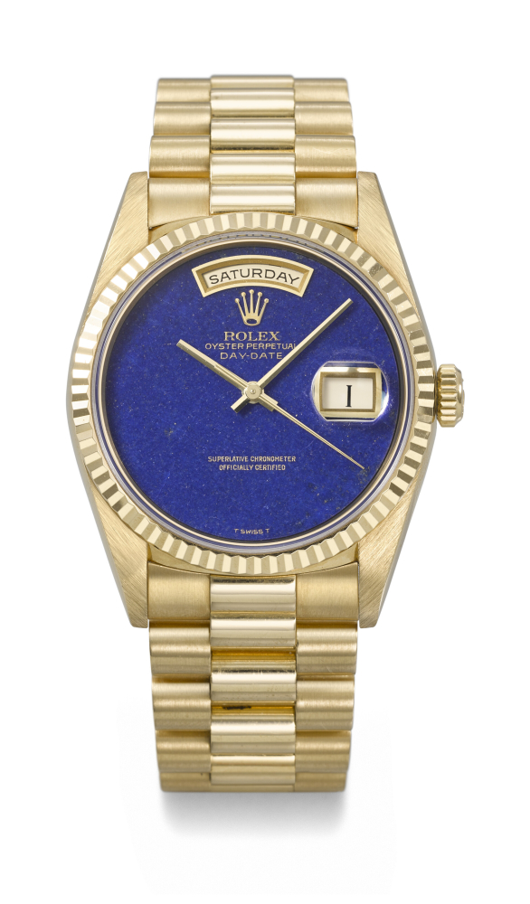 ROLEX. A RARE AND ATTRACTIVE 18K GOLD AUTOMATIC WRISTWATCH WITH SWEEP CENTRE SECONDS, DAY, DATE, LAPIS LAZULI DIAL AND BRACELET