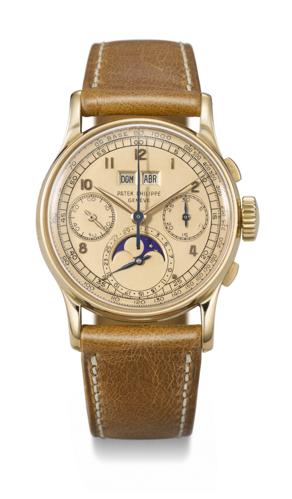 PATEK PHILIPPE. AN EXTREMELY RARE AND IMPORTANT 18K PINK GOLD PERPETUAL CALENDAR CHRONOGRAPH WRISTWATCH WITH MOON PHASES, PINK DIAL AND SPANISH CALENDAR