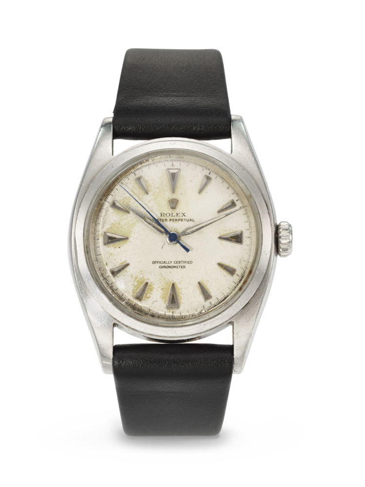 ROLEX. A HISTORICALLY IMPORTANT EXPEDITION-WORN STAINLESS STEEL WRISTWATCH PRESENTED TO COLONEL BAIRD BY THE SWISS FOUNDATION FOR ALPINE RESEARCH (S.F.A.R.) IN 1953
