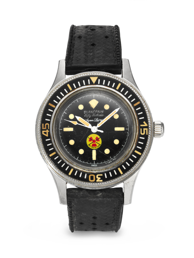 BLANCPAIN. A VERY RARE AND ATTRACTIVE STAINLESS STEEL AUTOMATIC WRISTWATCH WITH SWEEP CENTER SECONDS AND 'NO RADIATIONS' BLACK GLOSSY DIAL