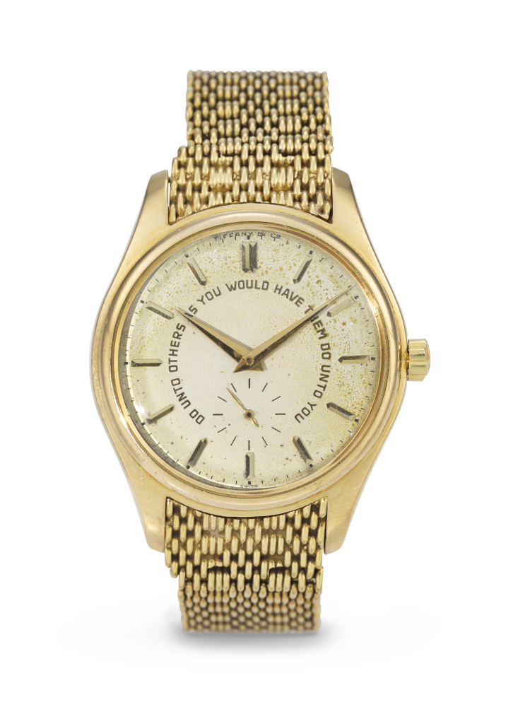 PATEK PHILIPPE. A HISTORICALLY IMPORTANT AND EXTREMELY RARE 18K GOLD AUTOMATIC WRISTWATCH WITH 'GOLDEN RULE' DIAL AND BRACELET, MADE BY TIFFANY & CO. FOR U.S. PRESIDENT LYNDON B. JOHNSON