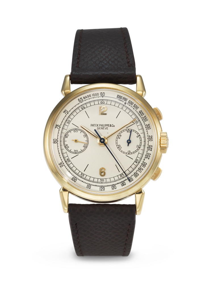 PATEK PHILIPPE. A RARE AND ATTRACTIVE 18K GOLD CHRONOGRAPH WRISTWATCH WITH 'SPIDER LUGS'