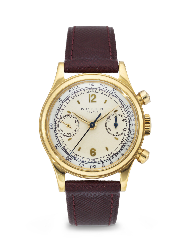 PATEK PHILIPPE. A VERY RARE AND HIGHLY ATTRACTIVE 18K GOLD CHRONOGRAPH WRISTWATCH WITH TWO-TONE AND TACHYMETER SCALE DIAL