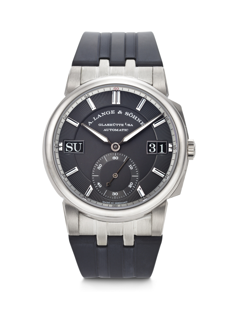 A. LANGE & SÖHNE. AN ATTRACTIVE AND STICKERED 18K WHITE GOLD AUTOMATIC WRISTWATCH WITH DAY AND DATE