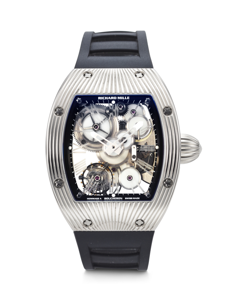 RICHARD MILLE. AN IMPRESSIVE AND UNIQUE 18K WHITE GOLD SKELETONIZED TOURBILLON WRISTWATCH WITH WHITE AGATE WHEELS, MADE TO COMMEMORATE THE 150TH ANNIVERSARY OF BOUCHERON