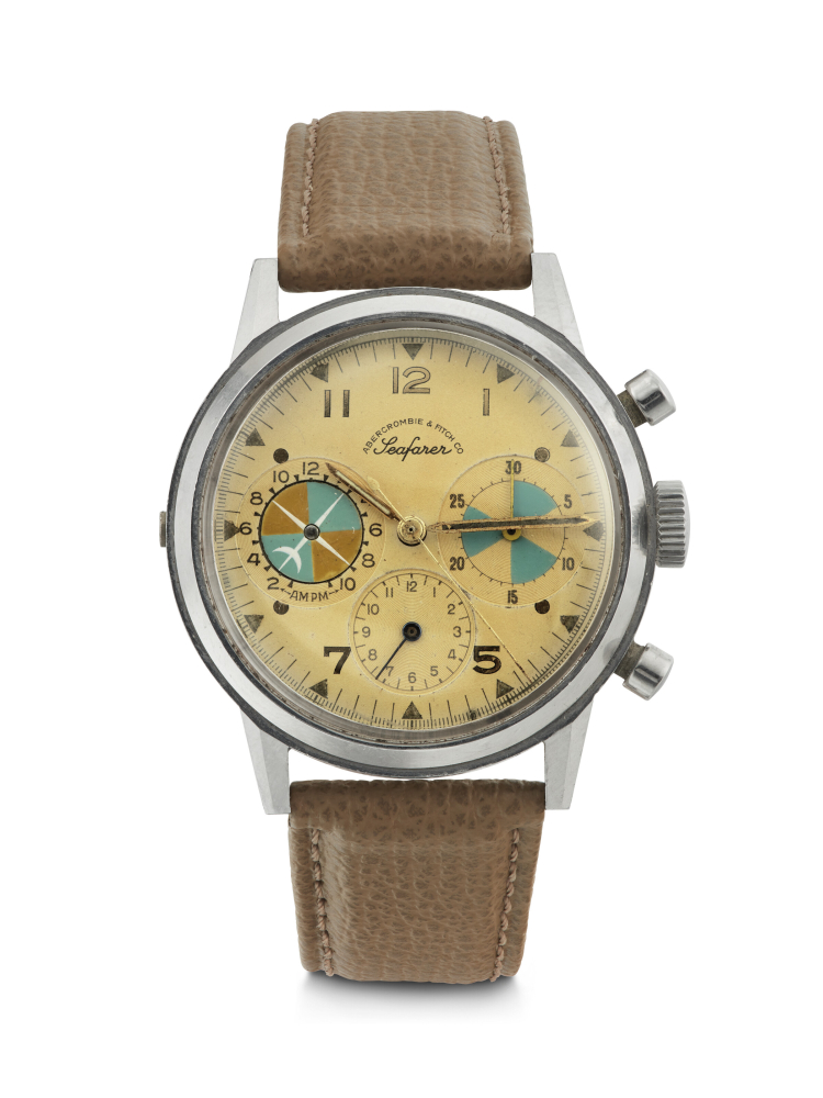 HEUER, FOR ABERCROMBIE & FITCH CO. AN EXTREMELY RARE AND DESIRABLE STAINLESS STEEL CHRONOGRAPH WRISTWATCH WITH TIDE INDICATION