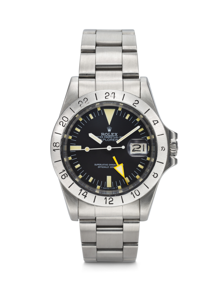 ROLEX. A RARE AND ATTRACTIVE STAINLESS STEEL AUTOMATIC WRISTWATCH WITH SWEEP CENTRE SECONDS, DATE, 24 HOUR HAND AND BRACELET
