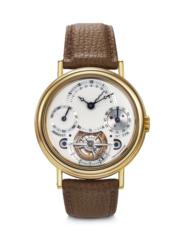 BREGUET. A RARE AND IMPRESSIVE 18K GOLD PERPETUAL CALENDAR TOURBILLON WRISTWATCH WITH RETROGRADE DATE AND LEAP YEAR INDICATION