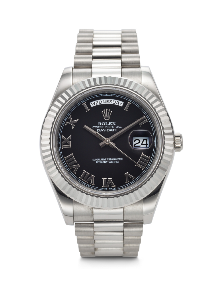 ROLEX. AN ATTRACTIVE 18K WHITE GOLD AUTOMATIC WRISTWATCH WITH SWEEP CENTER SECONDS, DAY, DATE AND BRACELET