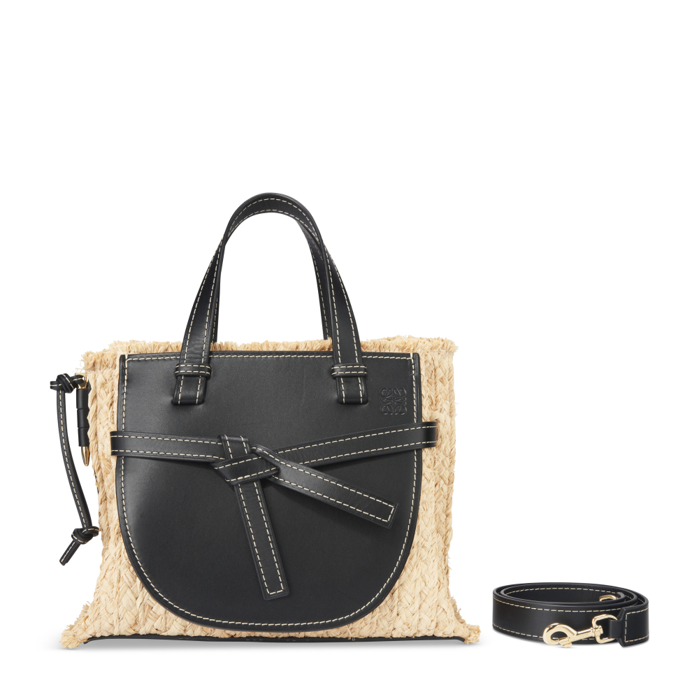 A BLACK LEATHER & NATURAL RAFFIA SMALL GATE TOTE WITH GOLD HARDWARE