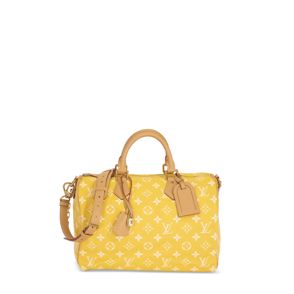 A LIMITED EDITION JAUNE MAT MONOGRAM & NATURAL LEATHER BANDOULIÈRE SPEEDY P9 40 WITH GOLD HARDWARE BY PHARRELL WILLIAMS