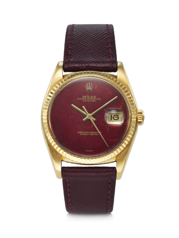 ROLEX, VERY RARE AND ATTRACTIVE YELLOW GOLD 'DATEJUST' WITH RED JASPER DIAL, REF. 1601
