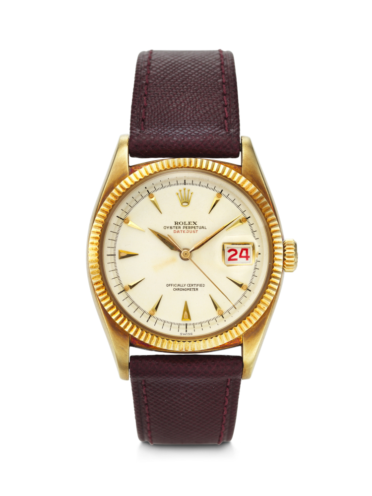 ROLEX, EXTREMELY RARE AND WELL-PRESERVED 14K YELLOW GOLD 'RED DATEJUST' WITH ROULETTE DATE WHEEL, REF. 6305-1