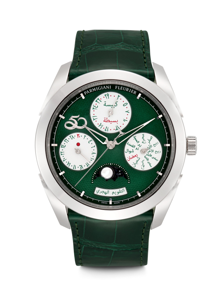 PARMIGIANI FLEURIER. A UNIQUE PLATINUM AUTOMATIC HIJRI PERPETUAL CALENDAR WRISTWATCH WITH SWEEP CENTRE SECONDS AND MOON PHASES