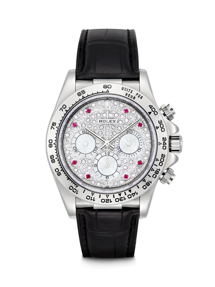 ROLEX. A MESMERISING AND RARE 18K WHITE GOLD, RUBY AND DIAMOND-SET AUTOMATIC CHRONOGRAPH WRISTWATCH 