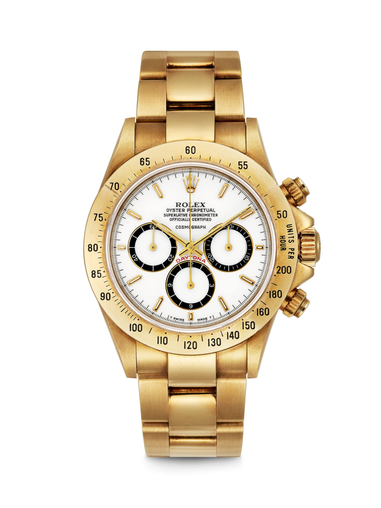 ROLEX. A VERY RARE 18K GOLD AUTOMATIC CHRONOGRAPH WRISTWATCH WITH BRACELET AND "FLOATING DIAL"