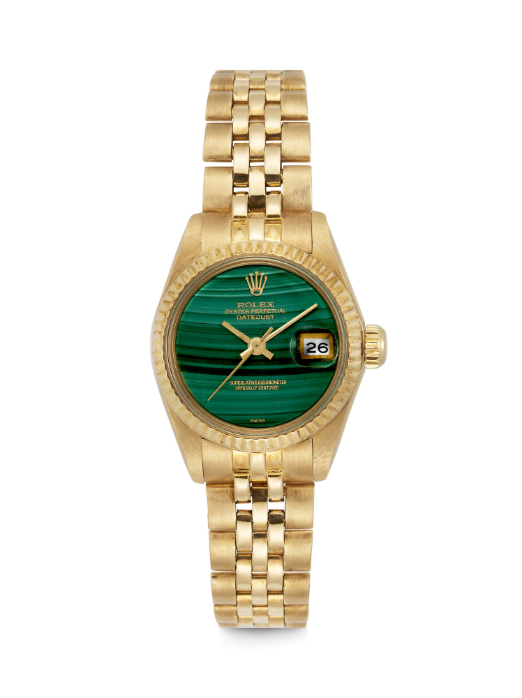 ROLEX. A LADY’S VERY RARE 18K GOLD AUTOMATIC WRISTWATCH WITH SWEEP CENTRE SECONDS, DATE, BRACELET AND MALACHITE DIAL 