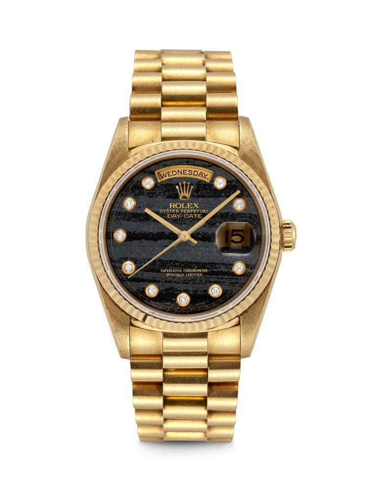 ROLEX. A RARE 18K GOLD AND DIAMOND-SET AUTOMATIC WRISTWATCH WITH SWEEP CENTRE SECONDS, DAY, DATE, BRACELET AND FERRITE DIAL