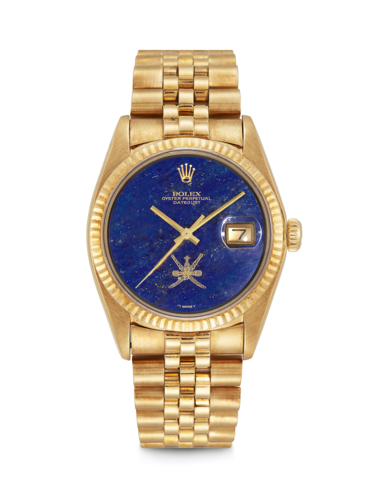 ROLEX. A VERY RARE 18K GOLD AUTOMATIC WRISTWATCH WITH SWEEP CENTRE SECONDS, DATE, BRACELET AND LAPIS LAZULI DIAL, MADE FOR THE SULTANATE OF OMAN