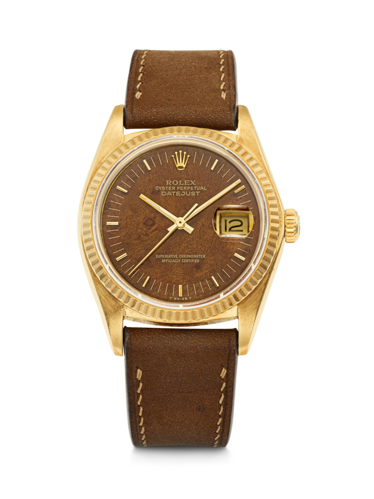 ROLEX. A RARE 18K GOLD AUTOMATIC WRISTWATCH WITH SWEEP CENTRE SECONDS, DATE AND WOOD DIAL
